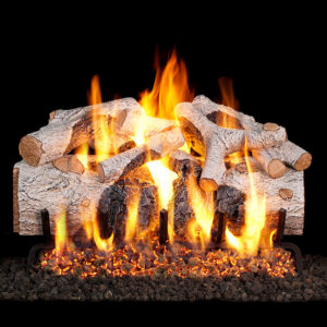 Stock Image - Real Fyre Gas Log Set & Burner Vented Gas Log Set